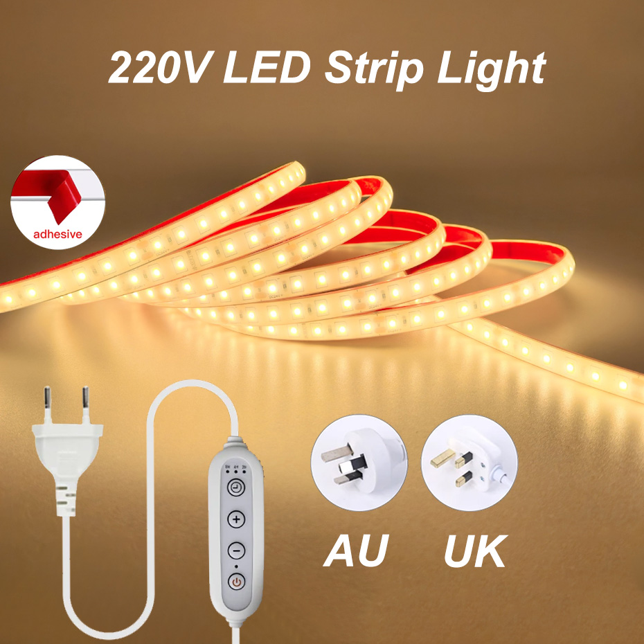 Outdoor Lighting Uk - AC220V対応、粘着式LEDテープライト、IP65防水、柔軟性のあるテープ型照明、調光可能、EU/AU/UKプラグ対応、屋外ガーデン照明用LEDリボンライト。