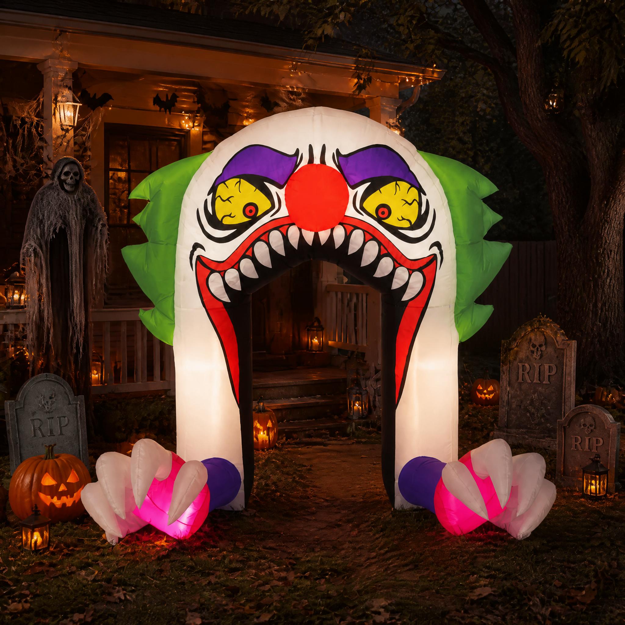 Outdoor Lighting Effects - LEDライトと牙が付いた、高さ約1.8メートルのハロウィーン用インフレータブル・ピエロ。庭、芝生、ガーデン、または車に飾るのに最適な、お祭り気分を盛り上げる屋外装飾品。