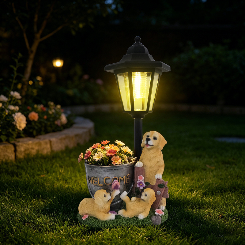 ソーラーライト付きのゴールデンレトリバーの植木鉢型置物。樹脂 - Outdoor Lighting And Landscape のレビューと価格